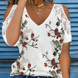 Women's V-Neck Off Shoulder Top with Floral Print & Contrasting Lace – Elegant & Flirty