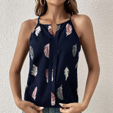 Women’s Feather Print Notch V-Neck Camisole Vest | Versatile and Stylish