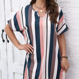 Ladies' Contrasting Striped Print V-Neck Short Dress – Casual Loose Fit for Effortless Style