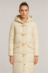 Front view of women's beige puffer coat with hood and toggle buttons - long winter jacket