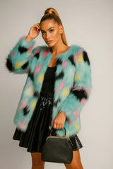 Women's colorful faux fur jacket in pastel and black pattern - bold winter fashion