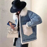 Faux Fur Lined Denim Jacket-White-1