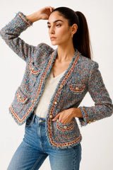 Women's Multicolor Tweed Jacket with Pearl Buttons – Elegant Cropped Blazer