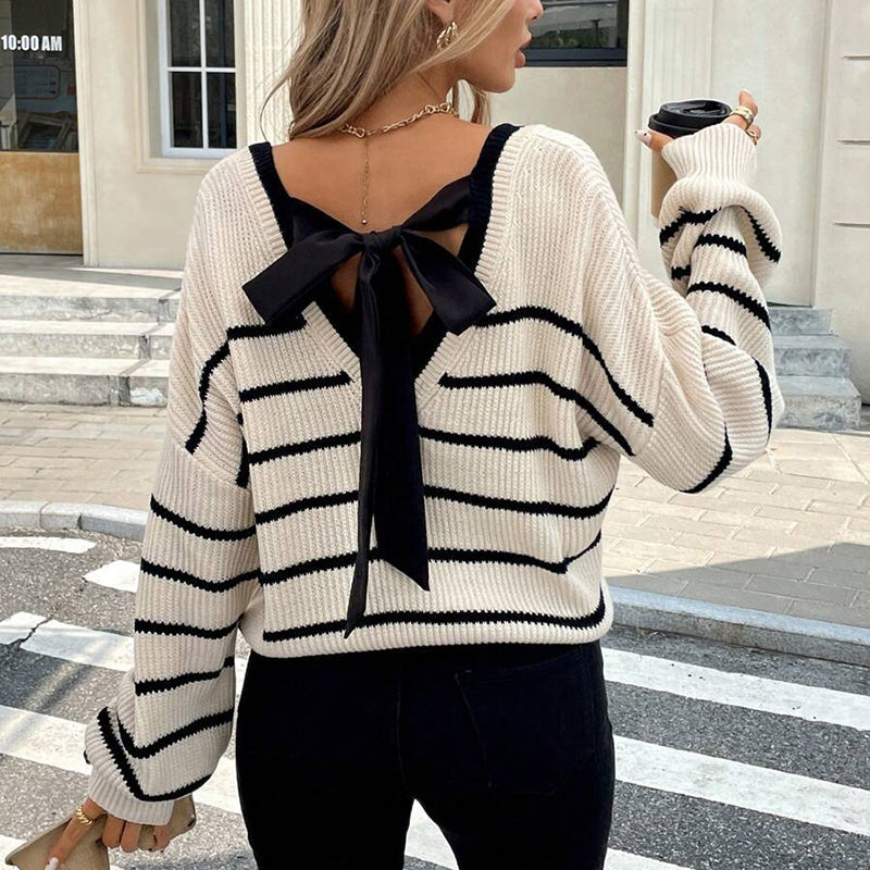 Striped V-Neck Bow Back Sweater