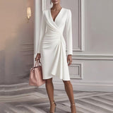 V Neck Folds  Solid Color Slim-fit Long Sleeve V-pleated Design Dress  Women's Office Commuter A-line Midi Party Dresses Female Clothing