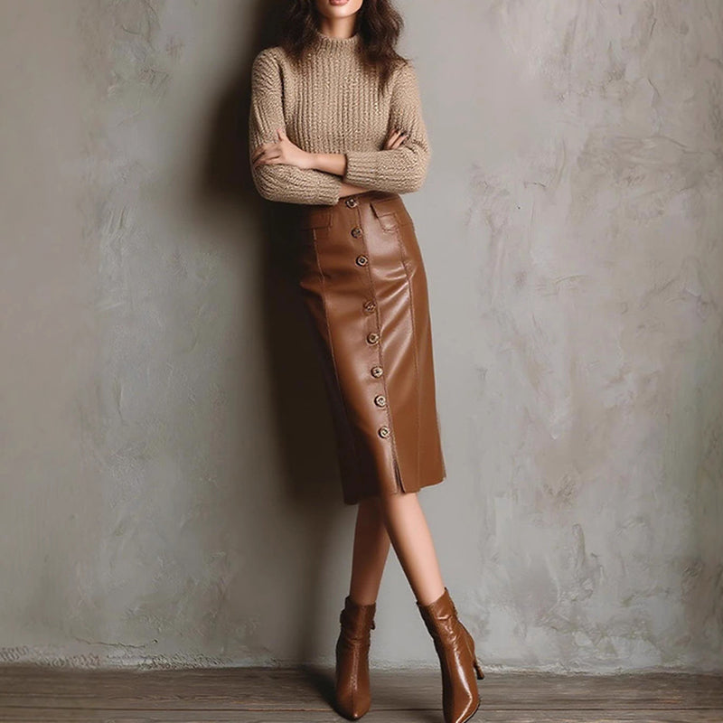 Faux Leather High Waist Midi Skirt