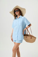 Casual Two-Piece Set For Women - Waffle Textured Fabric Shirt And Shorts With Side Slits, Versatile Ice Blue Summer Outfit