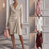 V Neck Folds  Solid Color Slim-fit Long Sleeve V-pleated Design Dress  Women's Office Commuter A-line Midi Party Dresses Female Clothing