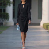 Temperament Pure Color Pleated Waist Tight Round Neck Hollow Dress