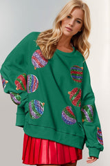 Double Take Christmas Element Sequin Round Neck Long Sleeve Sweatshirt-Dark Green-3