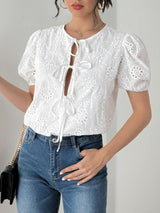 Perfee Tied Eyelet Short Sleeve Bodysuit-White-1