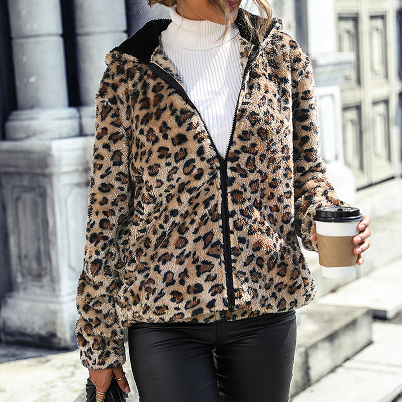 Fuzzy Leopard Zip-Up Hooded Jacket