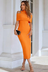 Cold-Shoulder Mock Neck Slit Midi Dress-Orange-1