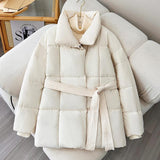 Women's Winter Plaid Lapel Coat – Thick Loose Outerwear with Lace-Up Design | Cozy & Stylish Jacket-White-8