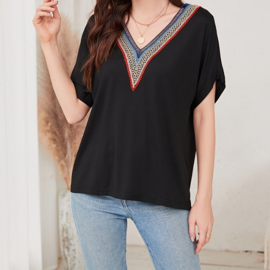 Women’s Loose Fit Lace V-Neck Short Sleeve Top | Breathable Casual Shirt