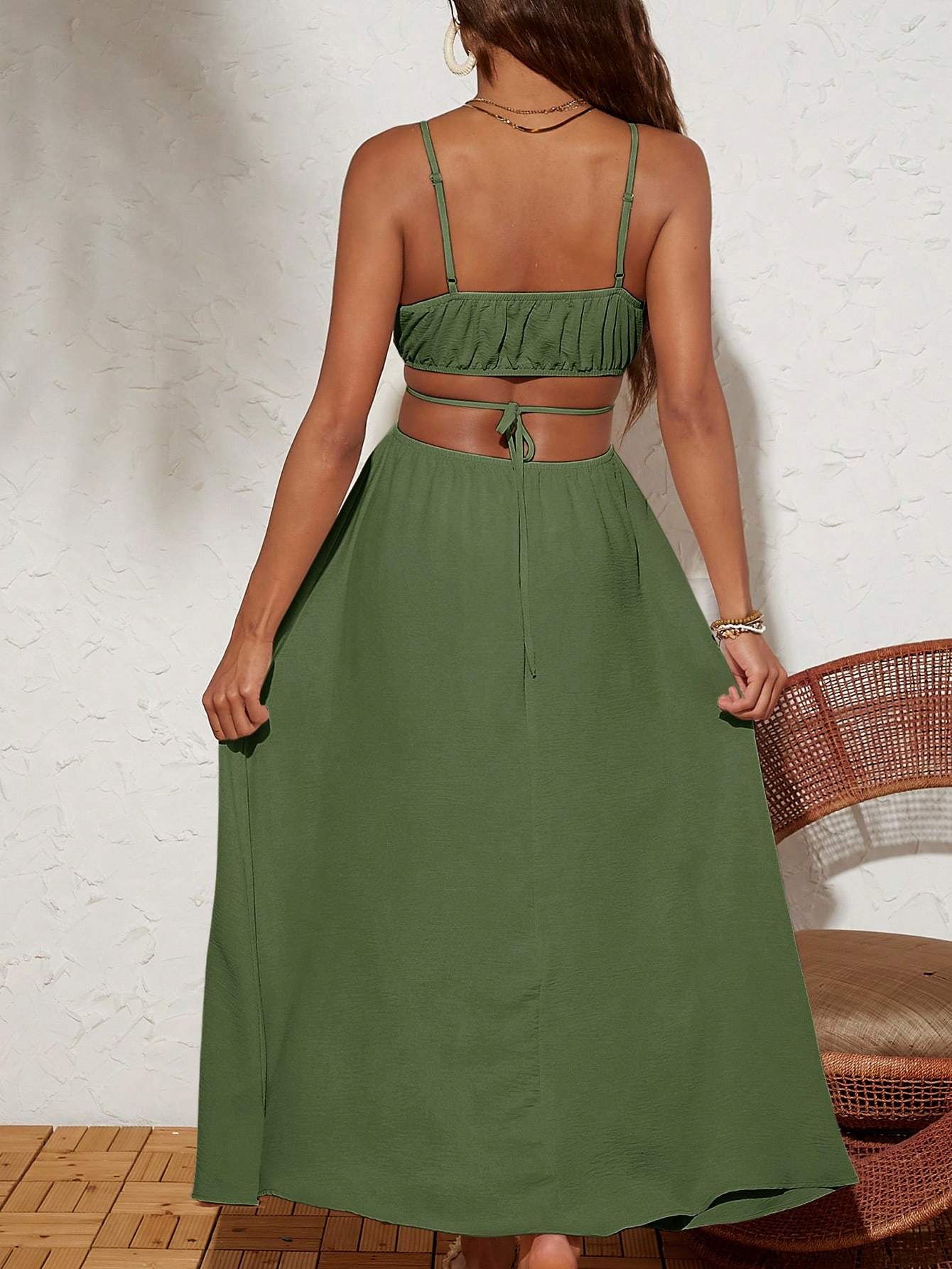 Solid Color Woven Backless Tie-Waist Dress For Vacation