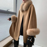 New Fashion Camel Color Big Cape Woolen Real Fox Fur Collar Poncho Luxurious Winter Shawl with Fur Cuffs