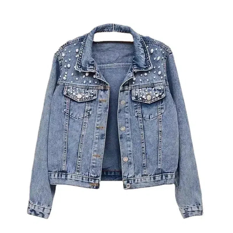 Pearl-Embellished Denim Jacket – Glamorous Twist on a Classic-Blue-1