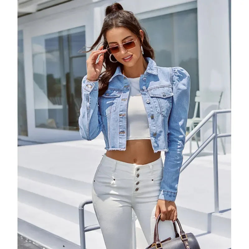 Puff-Sleeve Cropped Denim Jacket for Women-4