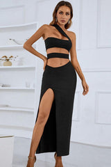 One-Shoulder Cutout Front Split Maxi Dress-Black-1