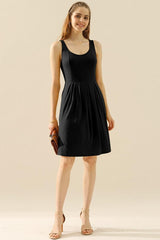 Doublju Full Size Round Neck Ruched Sleeveless Dress with Pockets-Black-4