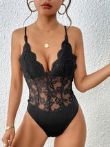 Perfee Lace V-Neck Spaghetti Strap Bodysuit-Black-1