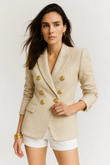 Gold-Button Beige Blazer Women