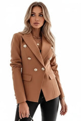 Women's caramel double-breasted blazer dress with gold buttons and tailored slim silhouette