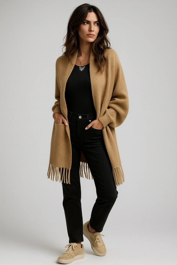 Beige fringe-edge cardigan with open front – cozy women’s casual outerwear