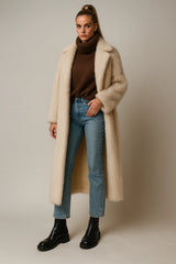 Women's beige long coat - elegant winter fashion look