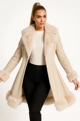 Women’s beige faux suede coat with soft faux fur trim – elegant belted winter jacket for sophisticated cold-weather outfits