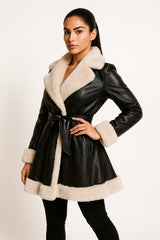 Women’s faux leather coat with beige shearling trim – elegant belted winter outerwear for cold weather style