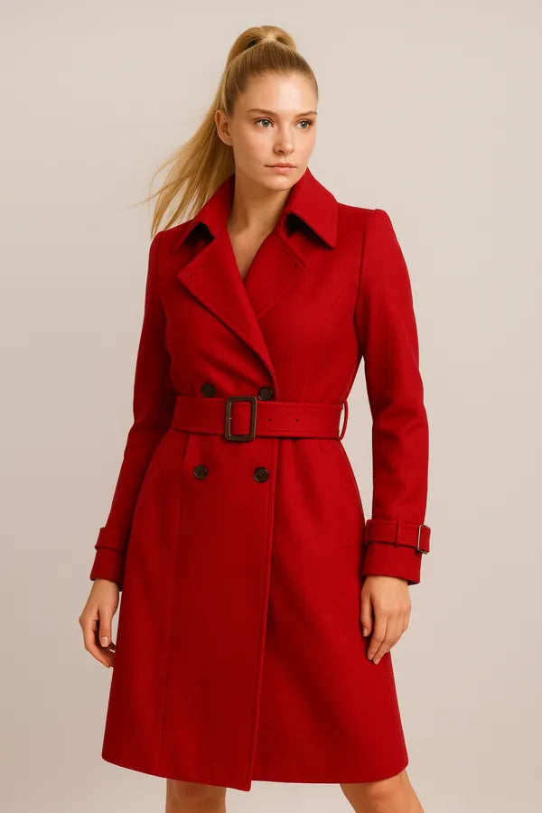 Elegant red trench coat for women - double breasted belted fall outerwear