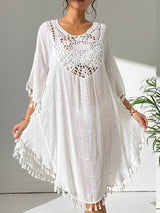 Tassel Cutout Scoop Neck Cover-Up Dress-White-1