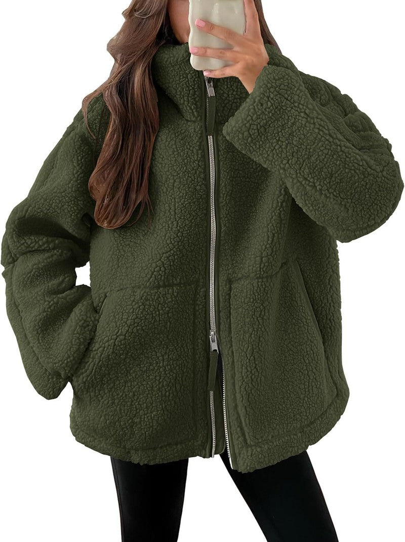 Winter Lapel Zip-Up Fleece Coat – Casual Solid Color Jacket with Pockets | Cozy Long-Sleeve Outerwear for Women-Army Green-6