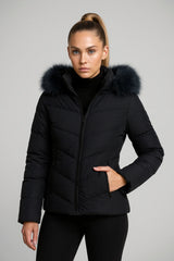 Women's black puffer jacket with faux fur hood - short winter coat