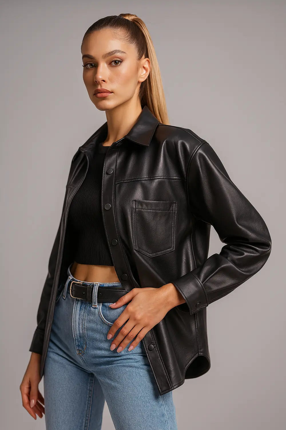 Women's black faux leather overshirt jacket with snap buttons – modern casual look