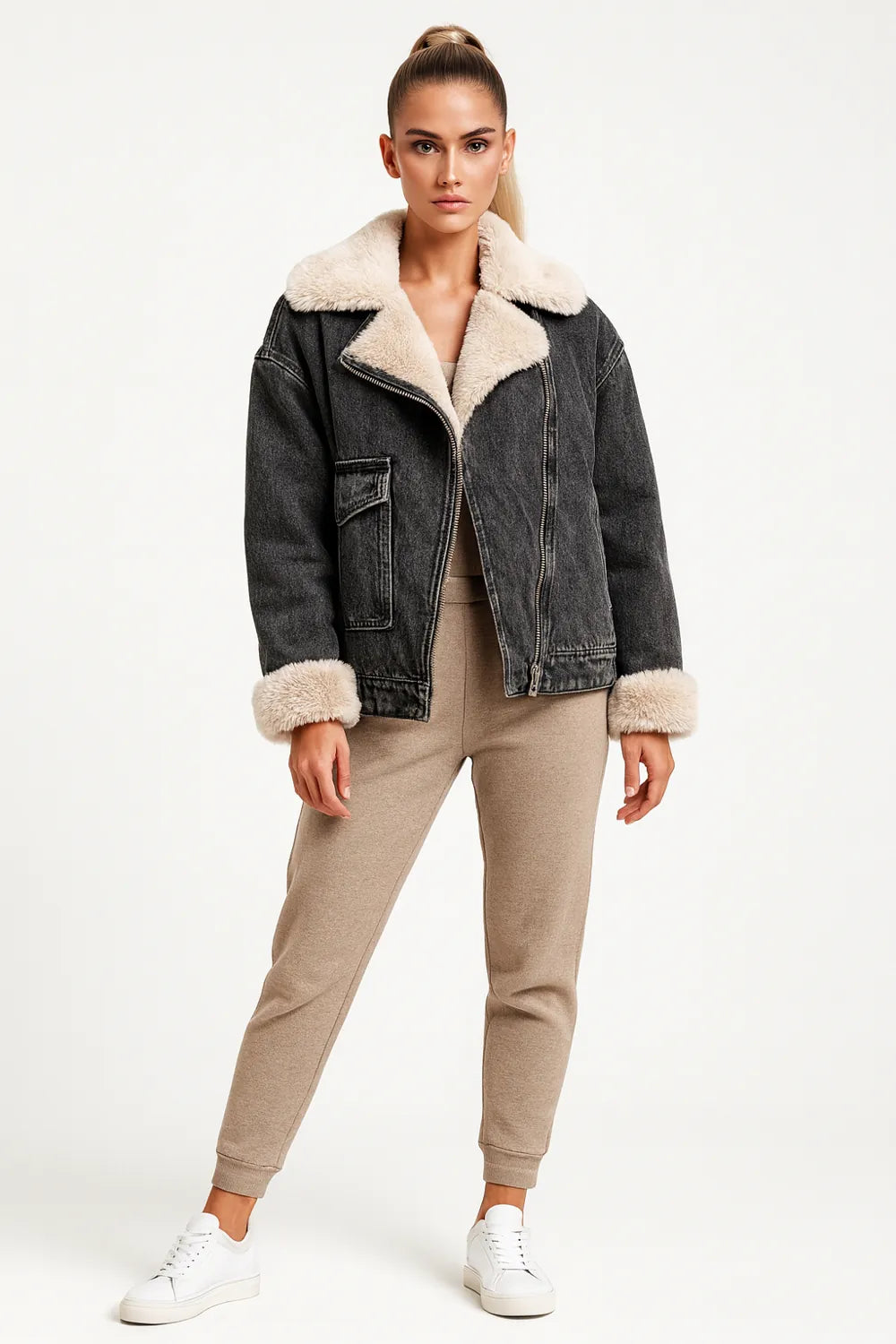 Women’s black denim jacket with faux shearling collar – cozy oversized fall outerwear