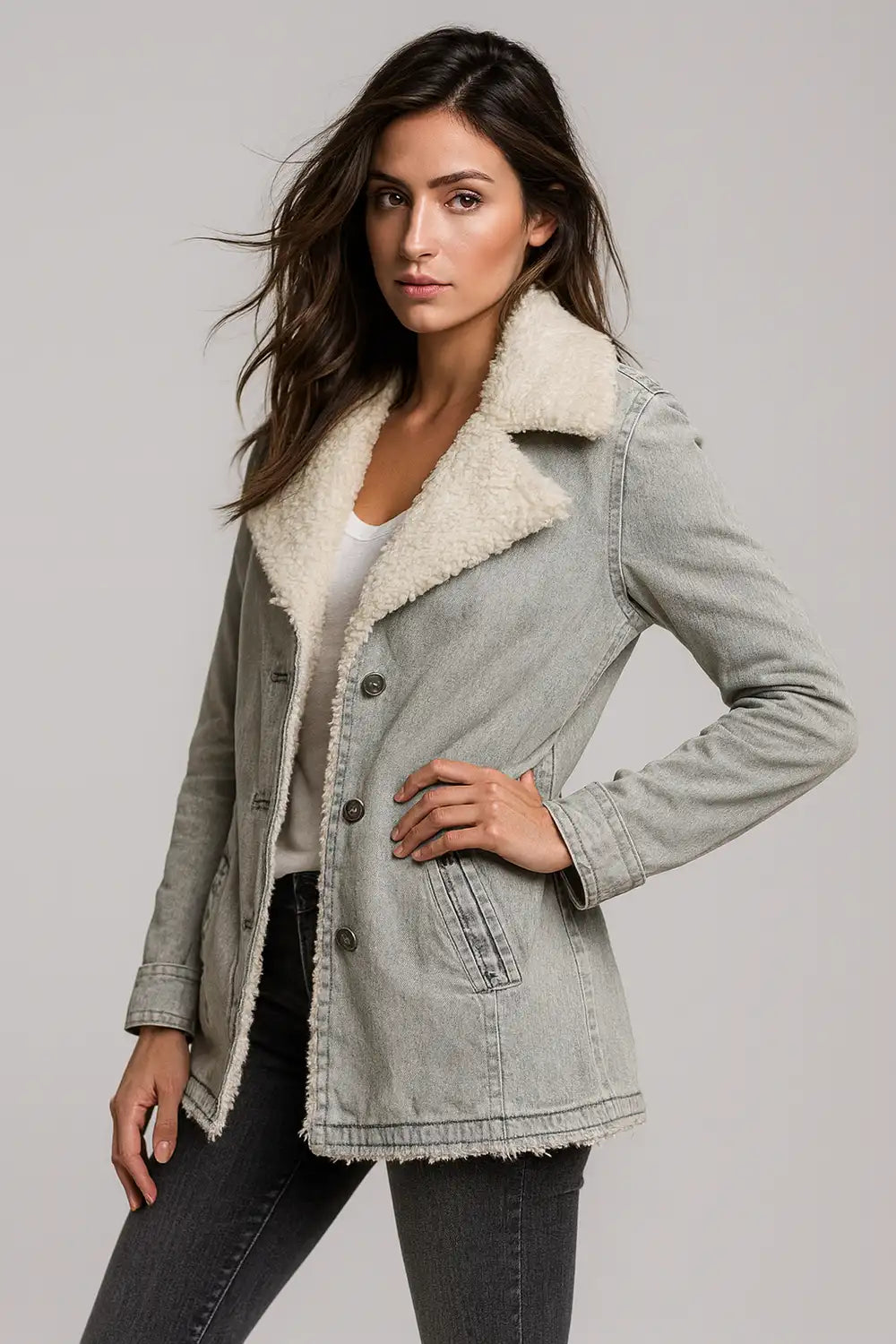 Women's grey denim jacket with faux shearling lining, stylish winter outerwear
