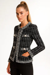 Women’s white tweed cropped jacket with pearl buttons – elegant chic blaze