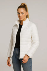 Women's classic white puffer jacket with stand collar - casual winter outerwear