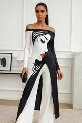 Off-shoulder black and white jumpsuit with artistic face print – bold women’s evening fashion