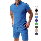 2Pcs Casual Waffle Suit Summer Zipper Lapel Short-sleeved-1