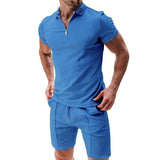 2Pcs Casual Waffle Suit Summer Zipper Lapel Short-sleeved Light Blue / 3XL-Light Blue-9