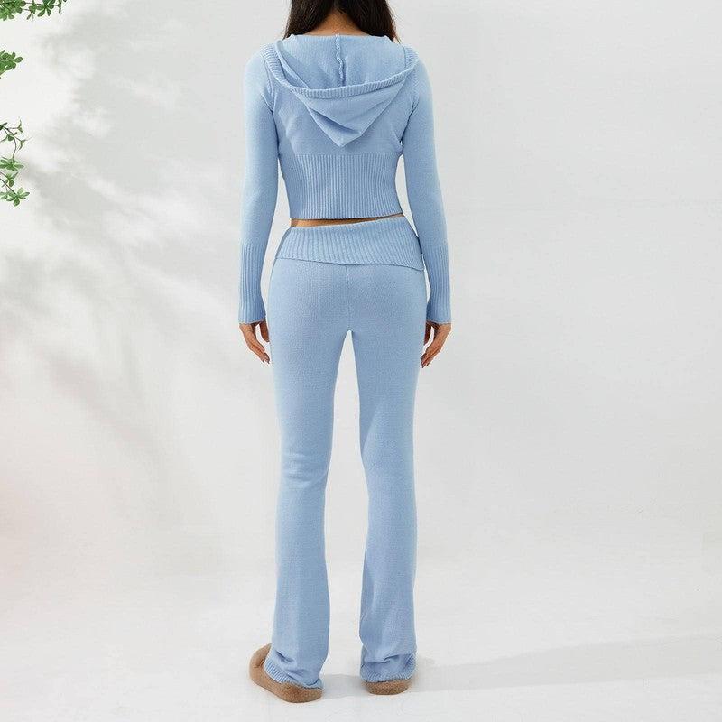 2pcs Knitted Hooded Suits Women's Long-sleeved Cardigan And High Waisted Trousers Clothing-5