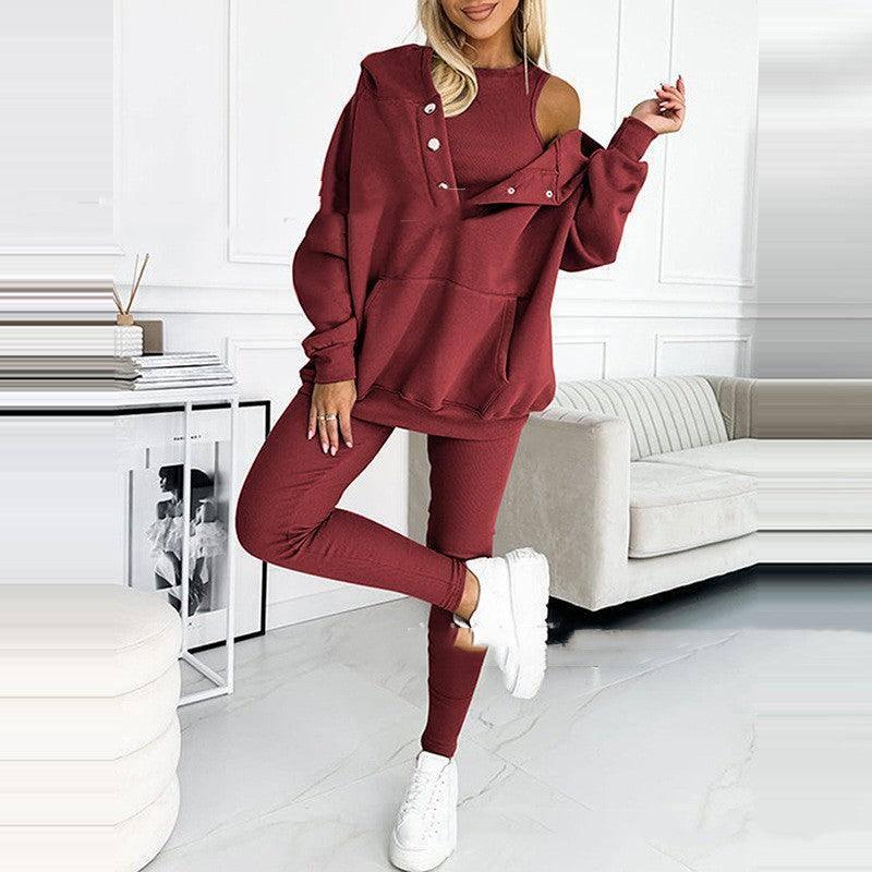 3pcs Women's Sports Suit Loose Hooded Pockets Sweatshirt And-Wine Red-12