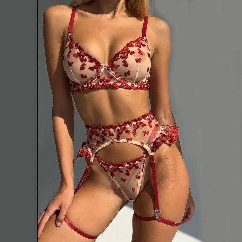 4 PCs Set Love Embroidered Lingerie Bra-Red-1