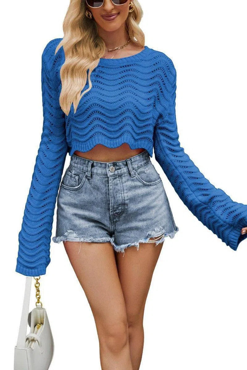 Acrylic Women's Sweater Solid Color Hollow Wave Pattern-Blue-14