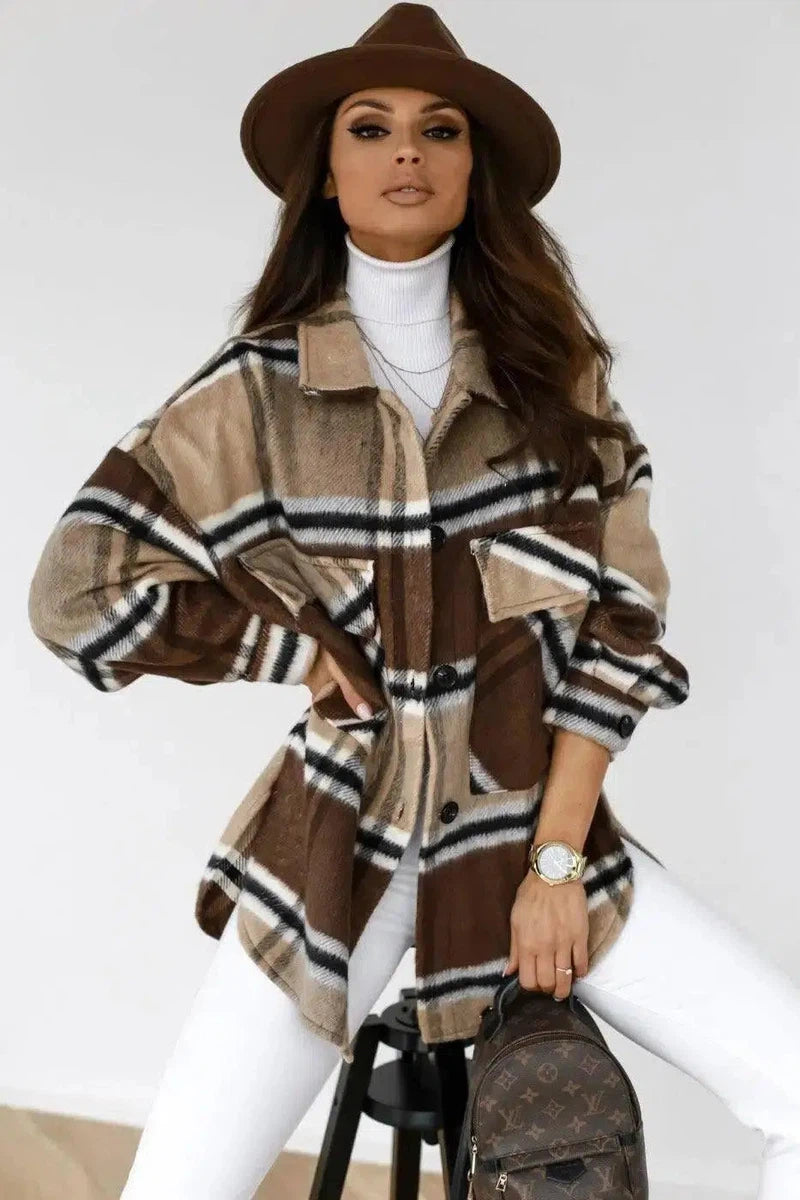 Autumn And Winter Long-sleeved Plaid Coat Shirt Women-3