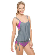 Bikini women's split stripes conservatively covered belly-Gray-3